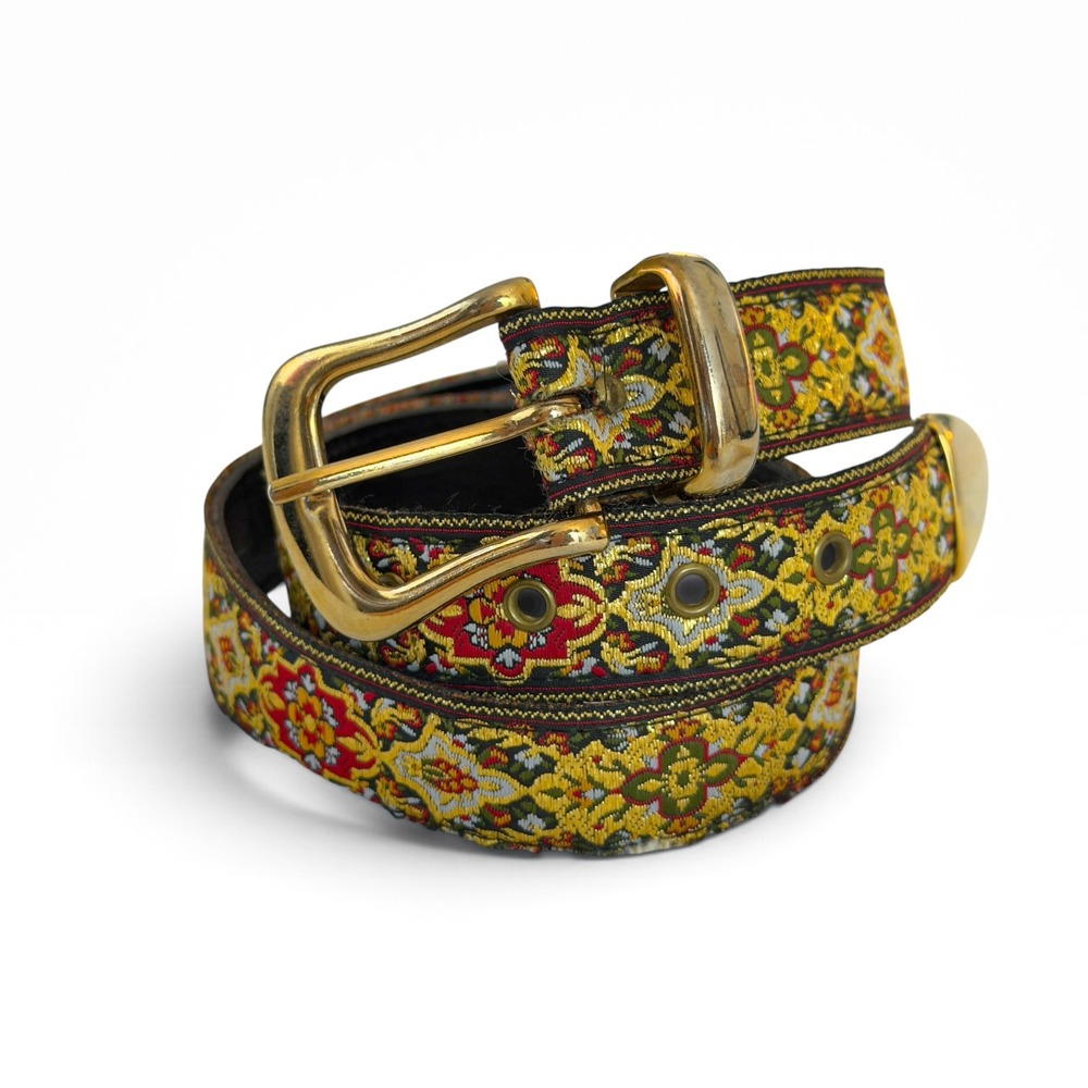Vintage Boho Floral Tapestry Belt Brass Buckle Brocade Western Cottagecore M